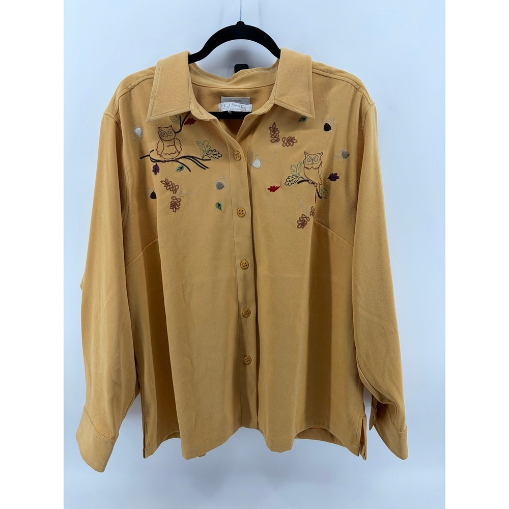 CJ Banks, Mustard Embroidered Autumn Theme Owl & Leaf Print, Button Down Blouse